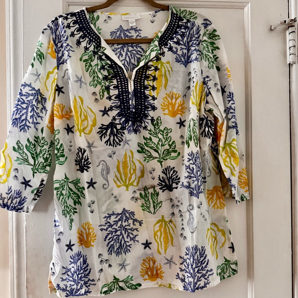 Charter Club Oceanic Print Cotton Blouse Coastal